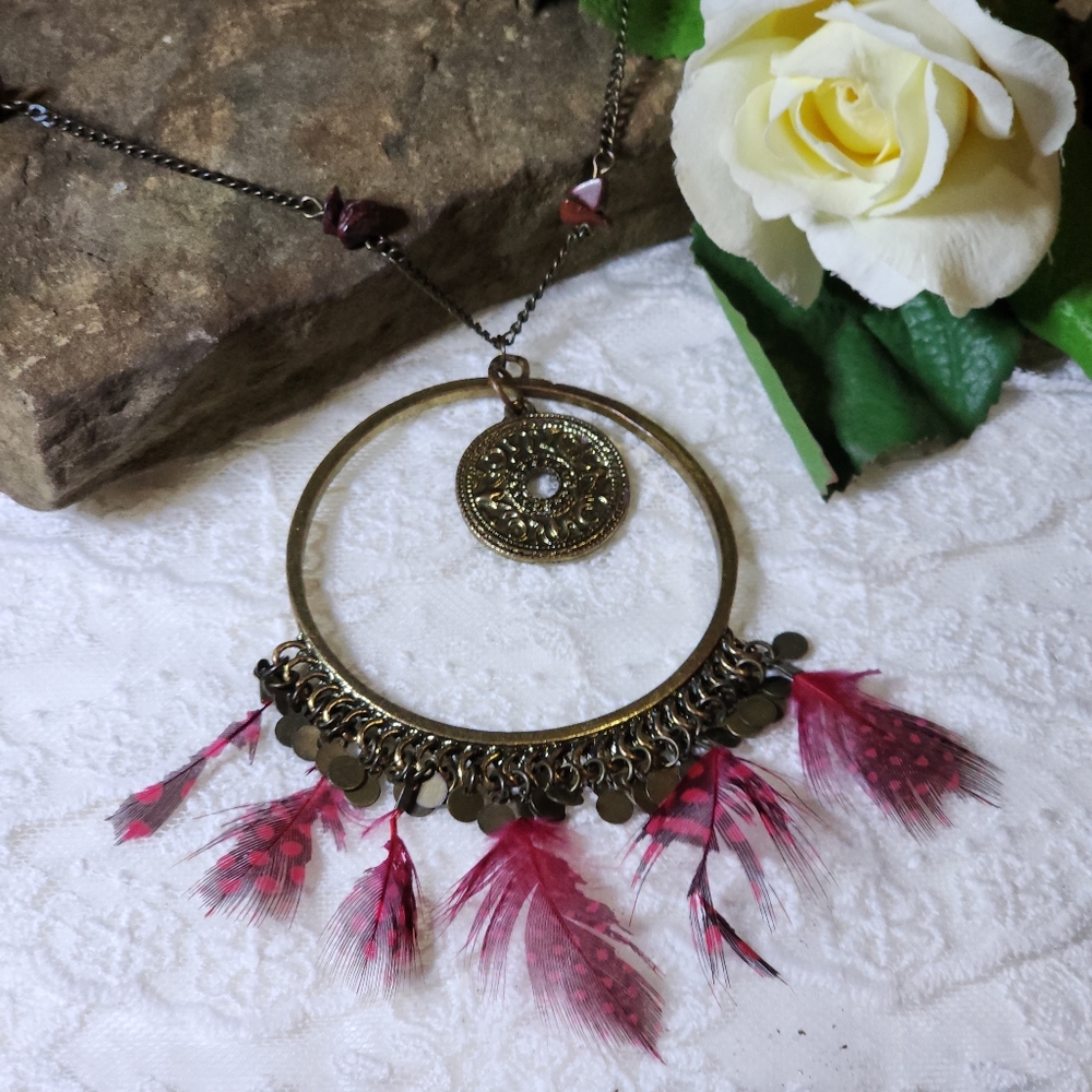 Vintage Bohemian Feather Medallion Pendant Statement Necklace